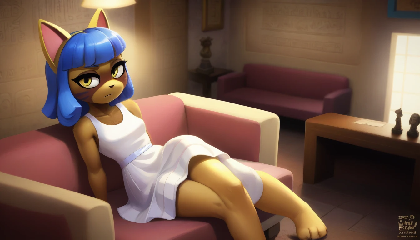 Eye, Animal Crossing Muscle, hairy, Blue Hair, Hair accessories, Yellow skin, 黑Eye, White Dress, Tail, Looking at the audience, Serious, Cross your legs, from_below, His sofa, Inside the living room, Hieroglyphics, high quality, masterpiece, 1 Girl，Cat ears，Dark skin tone，clothing，earrings，Jackal ears，Jewelry，Long hair, White Dress, Sit at your desk, She wrote a heartfelt letter, Her expression is both nostalgic and wistful, Dramatic Lighting, Detailed background, masterpiece, best quality, high quality, absurd, The award-winning, professional, Very detailed