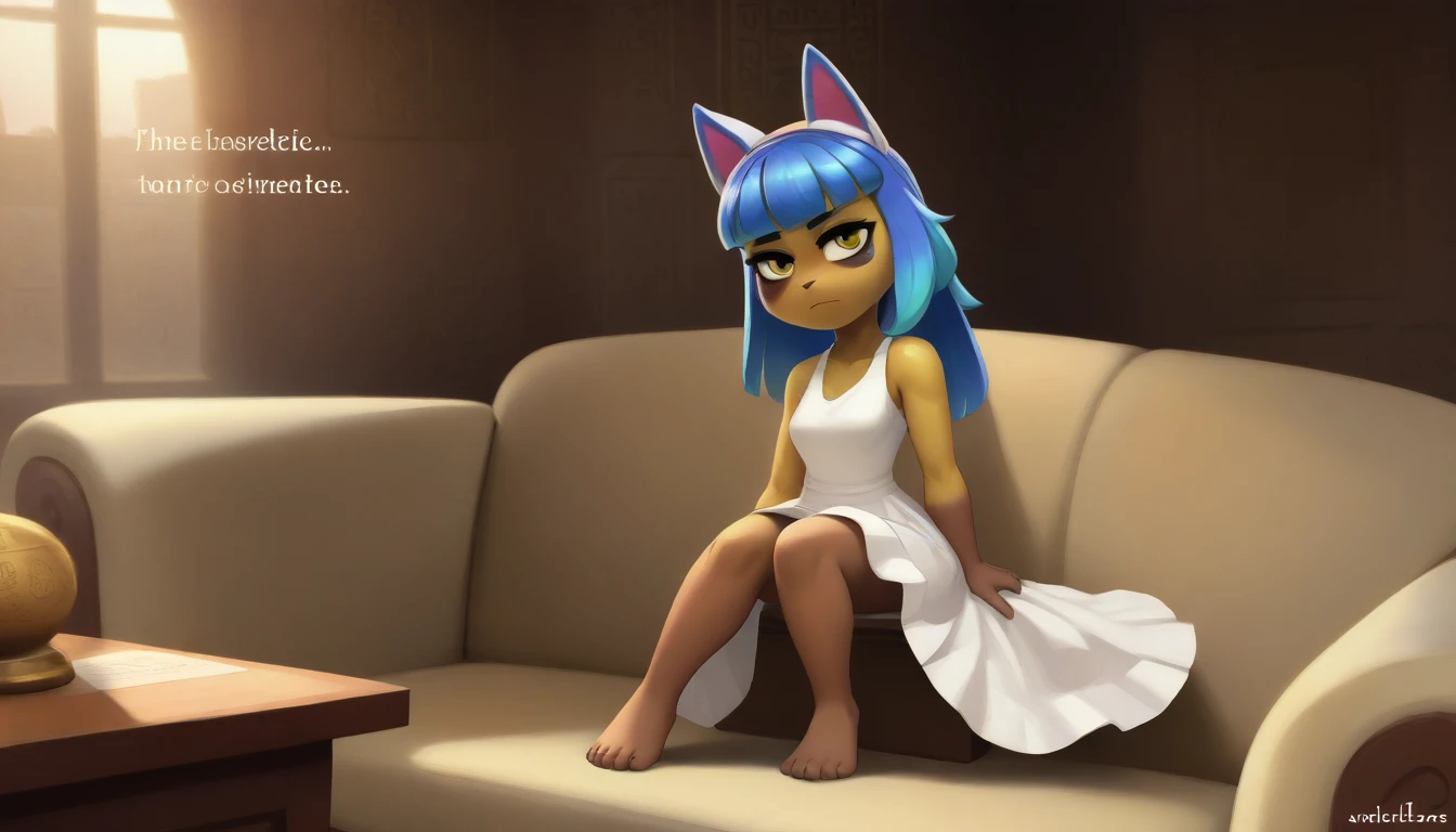 Eye, Animal Crossing Muscle, hairy, Blue Hair, Hair accessories, Yellow skin, 黑Eye, White Dress, Tail, Looking at the audience, Serious, Cross your legs, from_below, His sofa, Inside the living room, Hieroglyphics, high quality, masterpiece, 1 Girl,Cat ears,Dark skin tone,clothing,earrings,Jackal ears,Jewelry,Long hair, White Dress, Sit at your desk, She wrote a heartfelt letter, Her expression is both nostalgic and wistful, Dramatic Lighting, Detailed background, masterpiece, best quality, high quality, absurd, The award-winning, professional, Very detailed