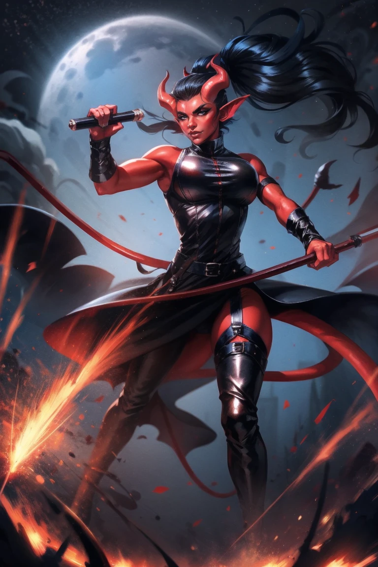 Red skin succubus tiefling, medium breasts, black horns, wings, huge tail, black leather, tall, toned, graceful, thin, long black ponytail. Action scene, whip. Dark scene, explosions, night sky.