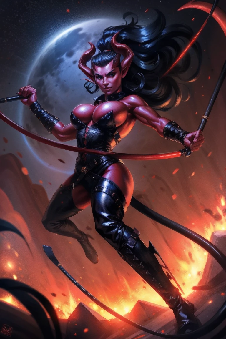 Red skin succubus tiefling, medium breasts, black horns, wings, huge tail, black leather, tall, toned, graceful, thin, long black ponytail. Action scene, whip. Dark scene, explosions, night sky.