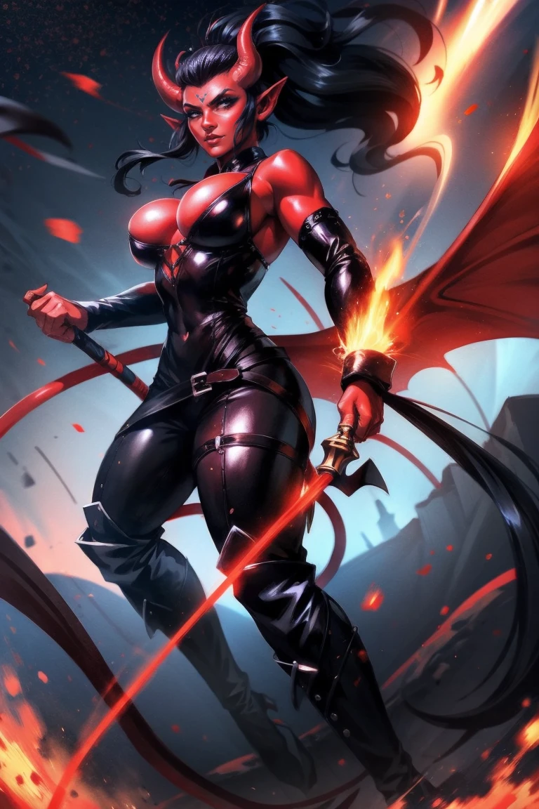 Red skin succubus tiefling, medium breasts, black horns, wings, huge tail, black leather, tall, toned, graceful, thin, long black ponytail. Action scene, whip. Dark scene, explosions, night sky.