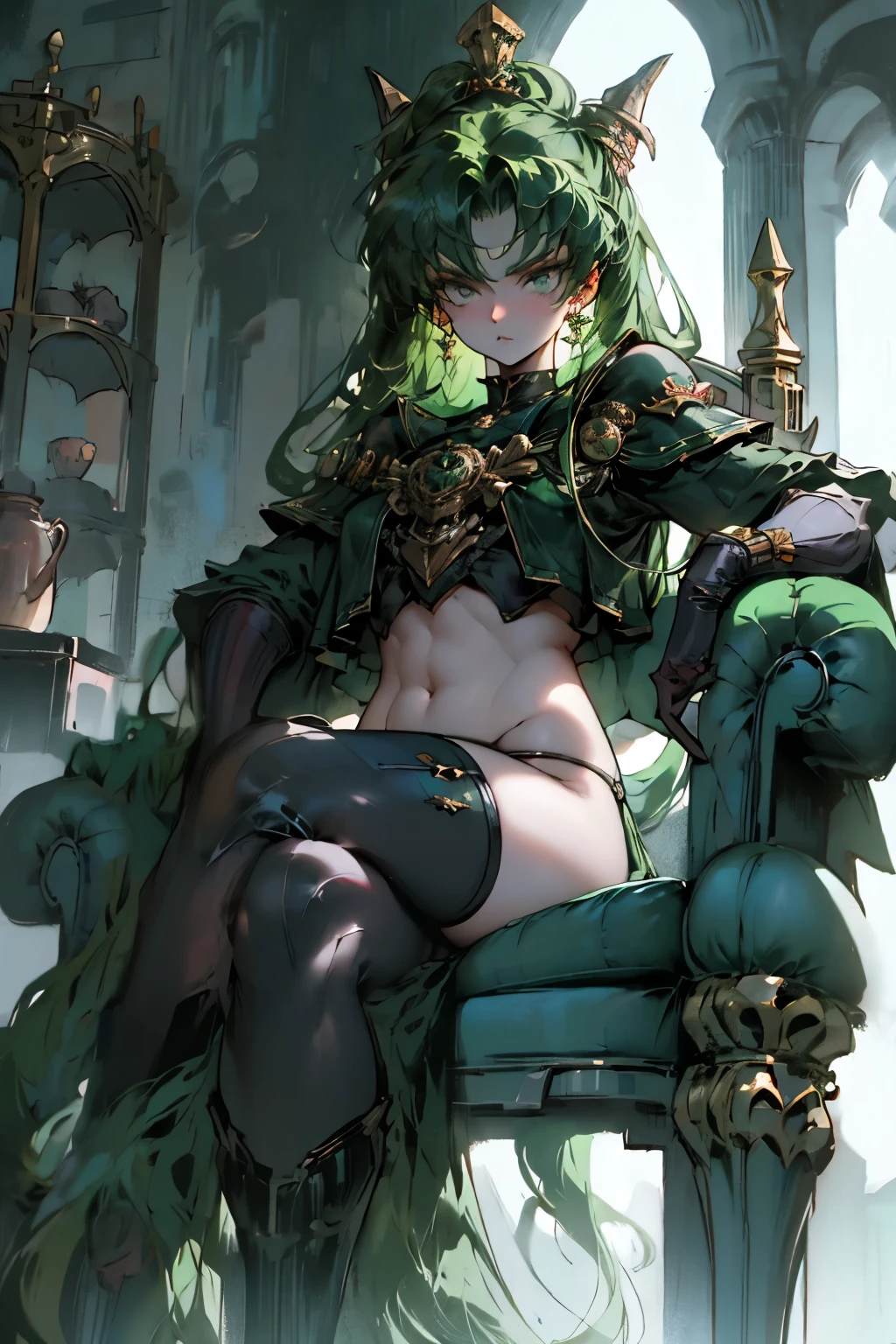 Black Kakalot Female, Green Hair, Look at Viewer, Green Castle, sitting chair, panty