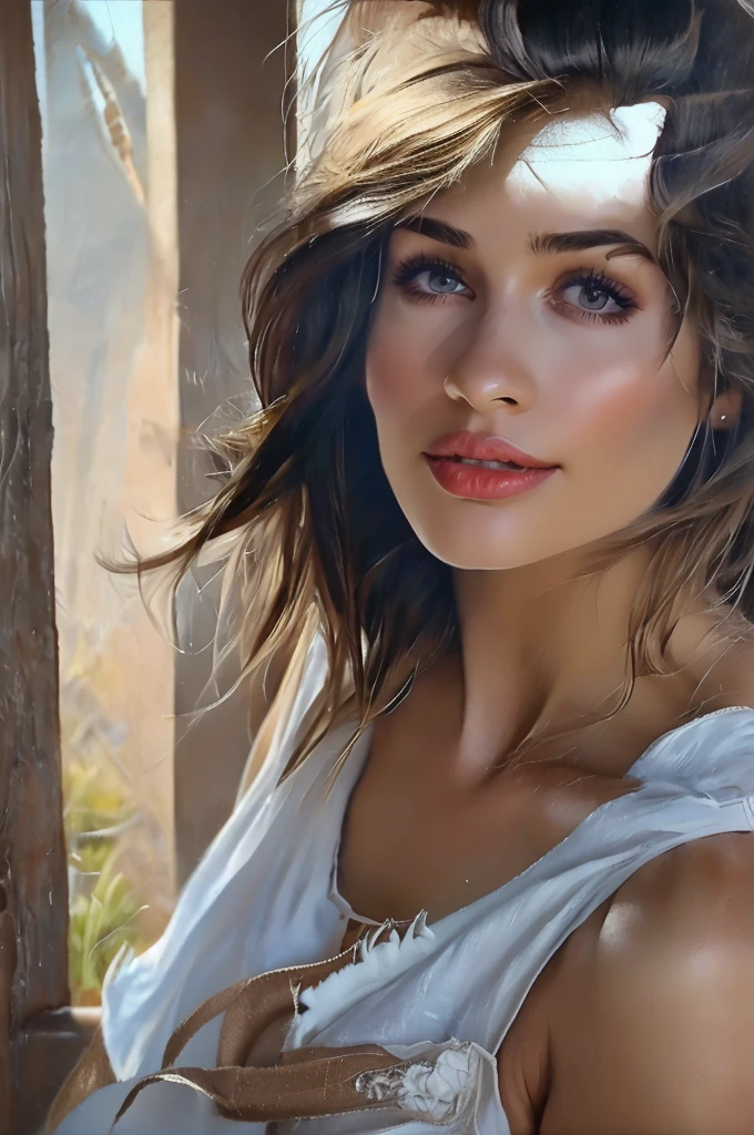 pretty girl, realistic, brown hair, black eyes, expressive eyes, big lips, top white, jeans short, wonderful
