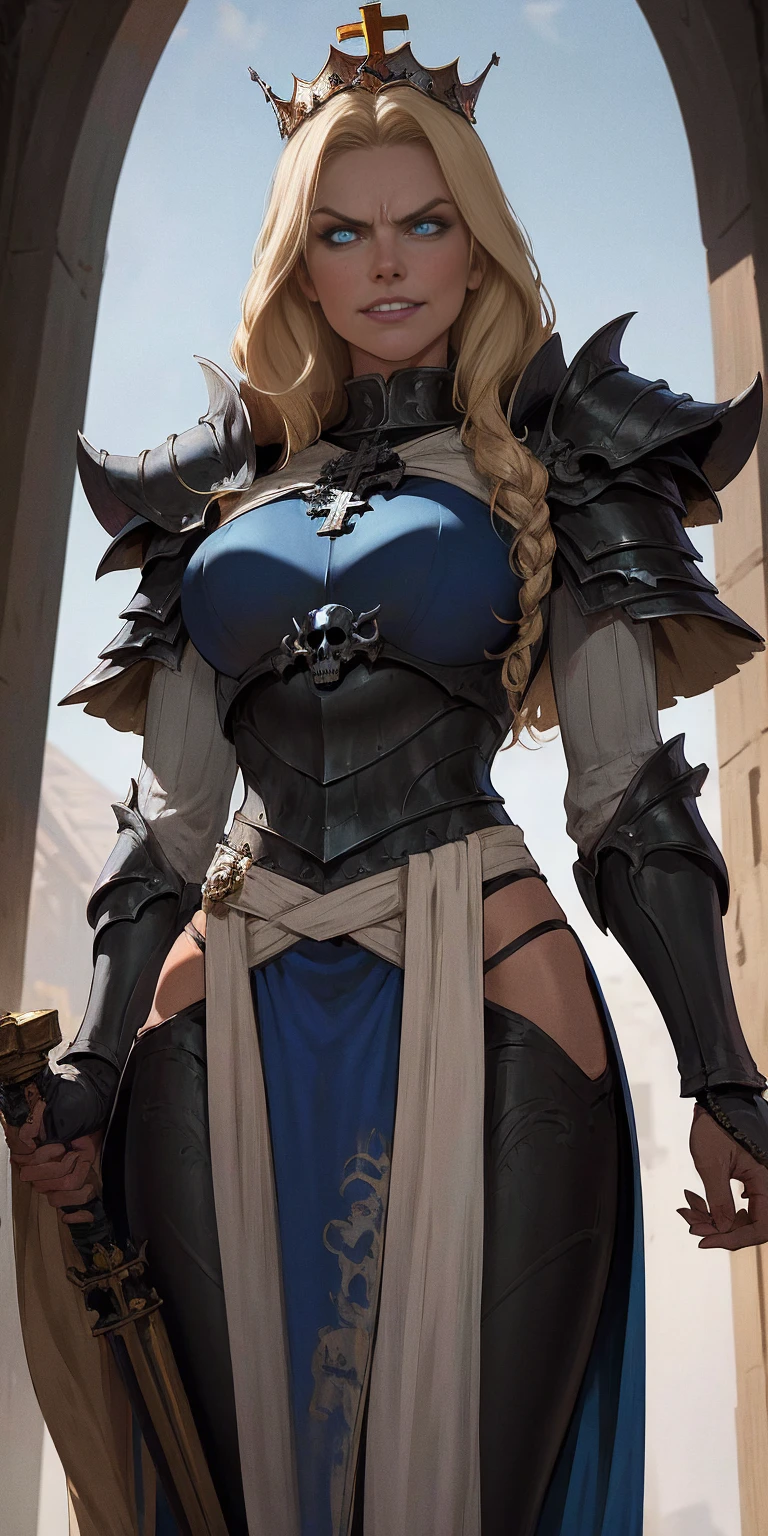 (masterpiece, best quality), intricate details,
1girl, squeenp, blonde hair, blue eyes, crown, 
shaded face,  looking down, from below, evil grin, angry, 
shinny armor, cross, pauldrons, skulls, cowboy shot, pelvic curtain