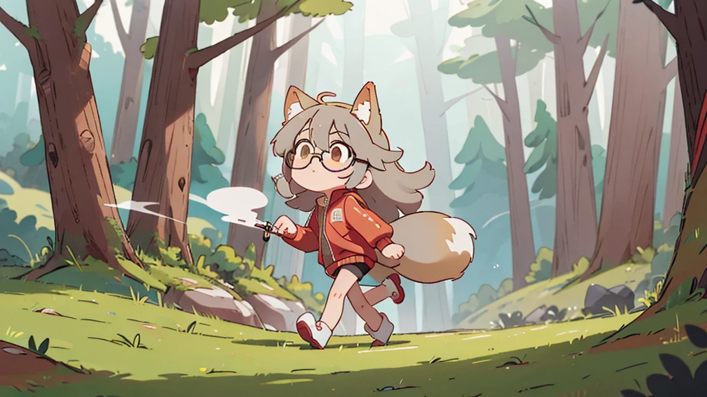 masterpice, 2D, anime girl with fox ears and tail, track jacket, red rimmed glasses, eyes yellow, cute, gray hair, walking in the woods, smoking