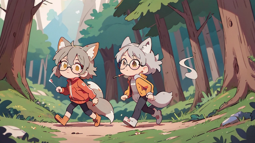masterpice, 2D, anime girl with fox ears and tail, track jacket, red rimmed glasses, eyes yellow, cute, gray hair, walking in the woods, smoking