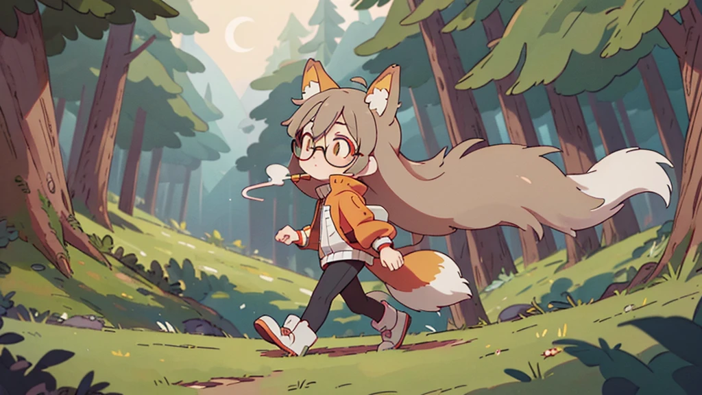masterpice, 2D, anime girl with fox ears and tail, track jacket, red rimmed glasses, eyes yellow, cute, gray hair, walking in the woods, smoking