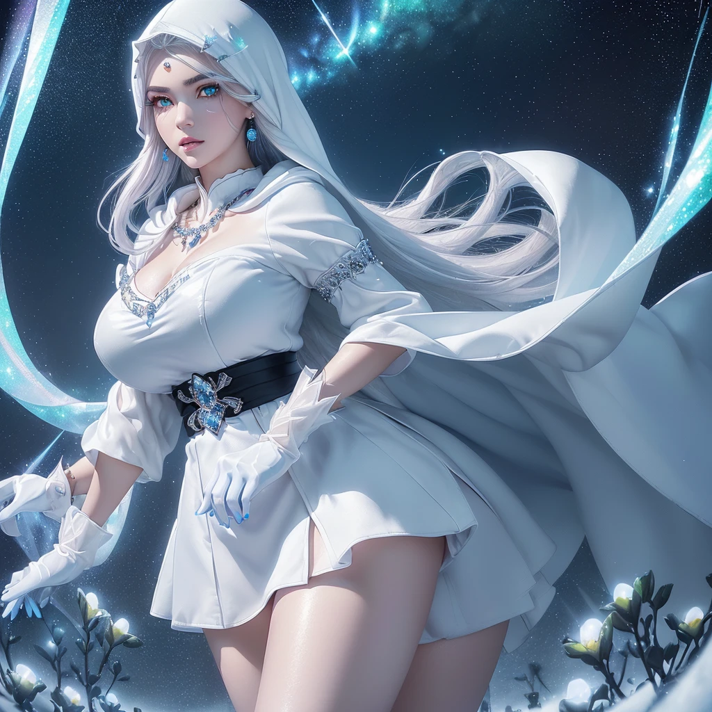 Image ((full body)),realistic 3D anime style,((of a beautiful woman with snow white skin)), wearing a long white hooded cloak (((covering her head up to her forehead ))),((( two long strands of iridescent white hair on each side of her head))),(((detailed face, cymetric))),(((s-shaped eyebrows))),((Beautyfull eyes glowing )),(((One eye blue))) and the (((other eye green))), (((well detailed eyes))),((full lips)),(beautyfull lips), (((body with nice curves))),((( very large breasts))), (((narrow waist))),(((thick thighs) )),((dressed in a long-sleeved blouse, qipao collar)), (((earrings, necklace and bracelets all made of sparkling crystal))),((white gloves with cuff)),((short skirt with sash , decorated with fine intricate details)), ((white ankle boots with lapels and laces, knee length)),(( long stockings up to the middle of the thighs)),(((standing in the middle of a open field, full sorrounded by blue glowing flowers, in a beatyfull night ,whith a sky full of stars))),((masterpiece)),((high quality)), (( extremely detailed image)), 8k resolution