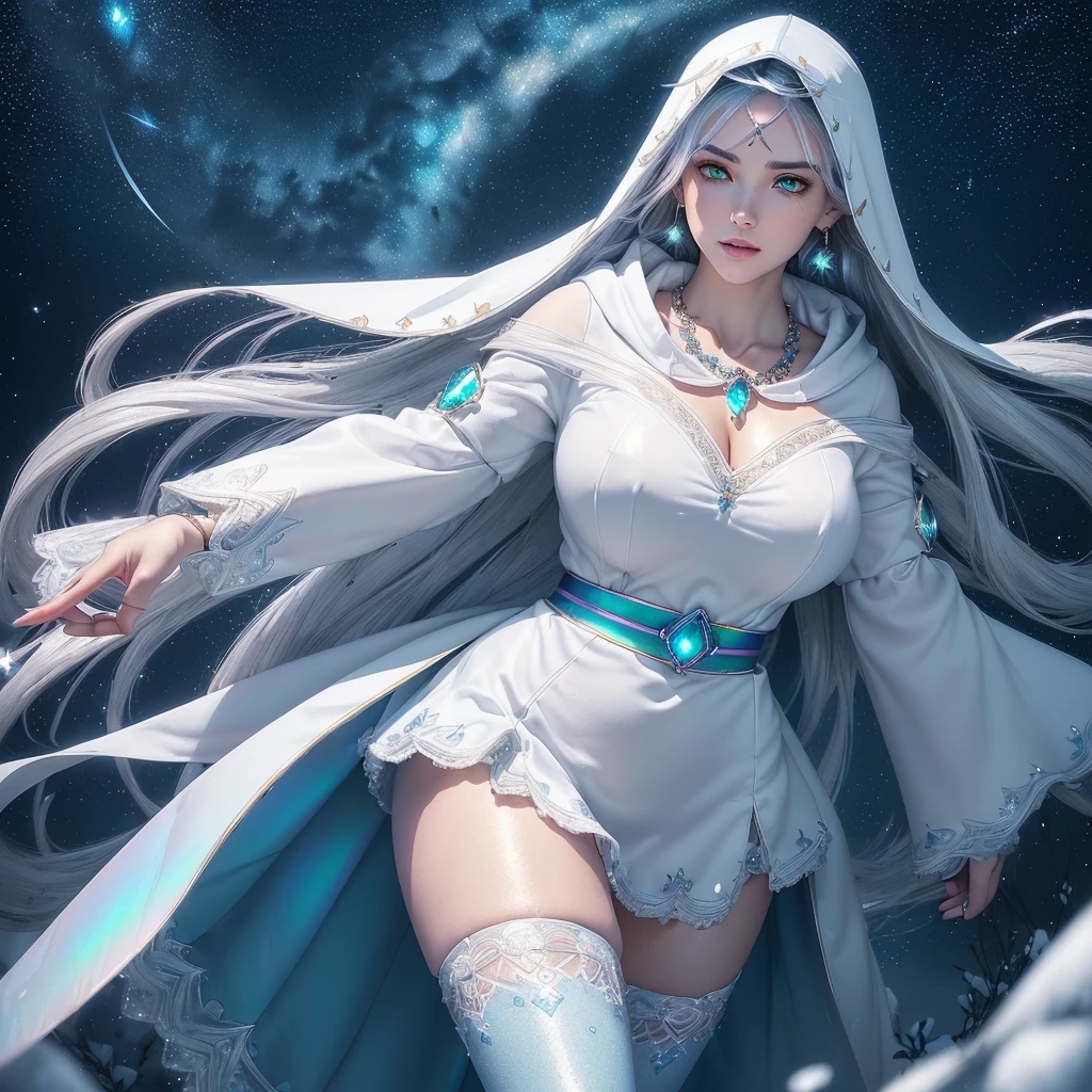 Image ((full body)),realistic 3D anime style,((of a beautiful woman with snow white skin)), wearing a long white hooded cloak (((covering her head up to her forehead ))),((( two long strands of iridescent white hair on each side of her head))),(((detailed face, cymetric))),(((s-shaped eyebrows))),((Beautyfull eyes glowing )),(((One eye blue))) and the (((other eye green))), (((well detailed eyes))),((full lips)),(beautyfull lips), (((body with nice curves))),((( very large breasts))), (((narrow waist))),(((thick thighs) )),((dressed in a long-sleeved blouse, qipao collar)), (((earrings, necklace and bracelets all made of sparkling crystal))),((white gloves with cuff)),((short skirt with sash , decorated with fine intricate details)), ((white ankle boots with lapels and laces, knee length)),(( long stockings up to the middle of the thighs)),(((standing in the middle of a open field, full sorrounded by blue glowing flowers, in a beatyfull night ,whith a sky full of stars))),((masterpiece)),((high quality)), (( extremely detailed image)), 8k resolution