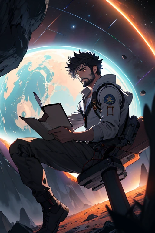 Desenhe um jovem programador, sitting on a research platform floating in the middle of an asteroid belt. He is studying with a notebook, surrounded by several asteroids glowing with fiery auras. Dramatic lighting from distant stars and planets illuminates the scene, casting deep shadows on the costume. O jovem parece confiante e determinado, looking at the vast and mysterious universe with awe and respect,facial hair, cowboy shot,