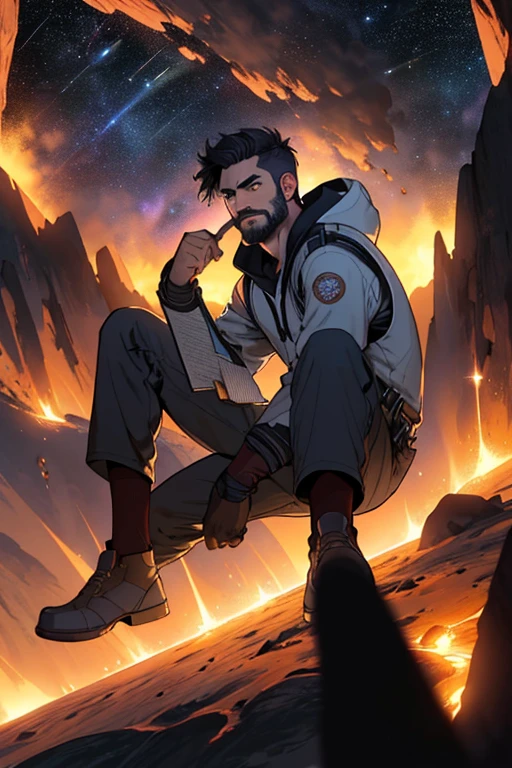 Desenhe um jovem programador, sitting on a research platform floating in the middle of an asteroid belt. He is studying with a notebook, surrounded by several asteroids glowing with fiery auras. Dramatic lighting from distant stars and planets illuminates the scene, casting deep shadows on the costume. O jovem parece confiante e determinado, looking at the vast and mysterious universe with awe and respect,facial hair, cowboy shot,
