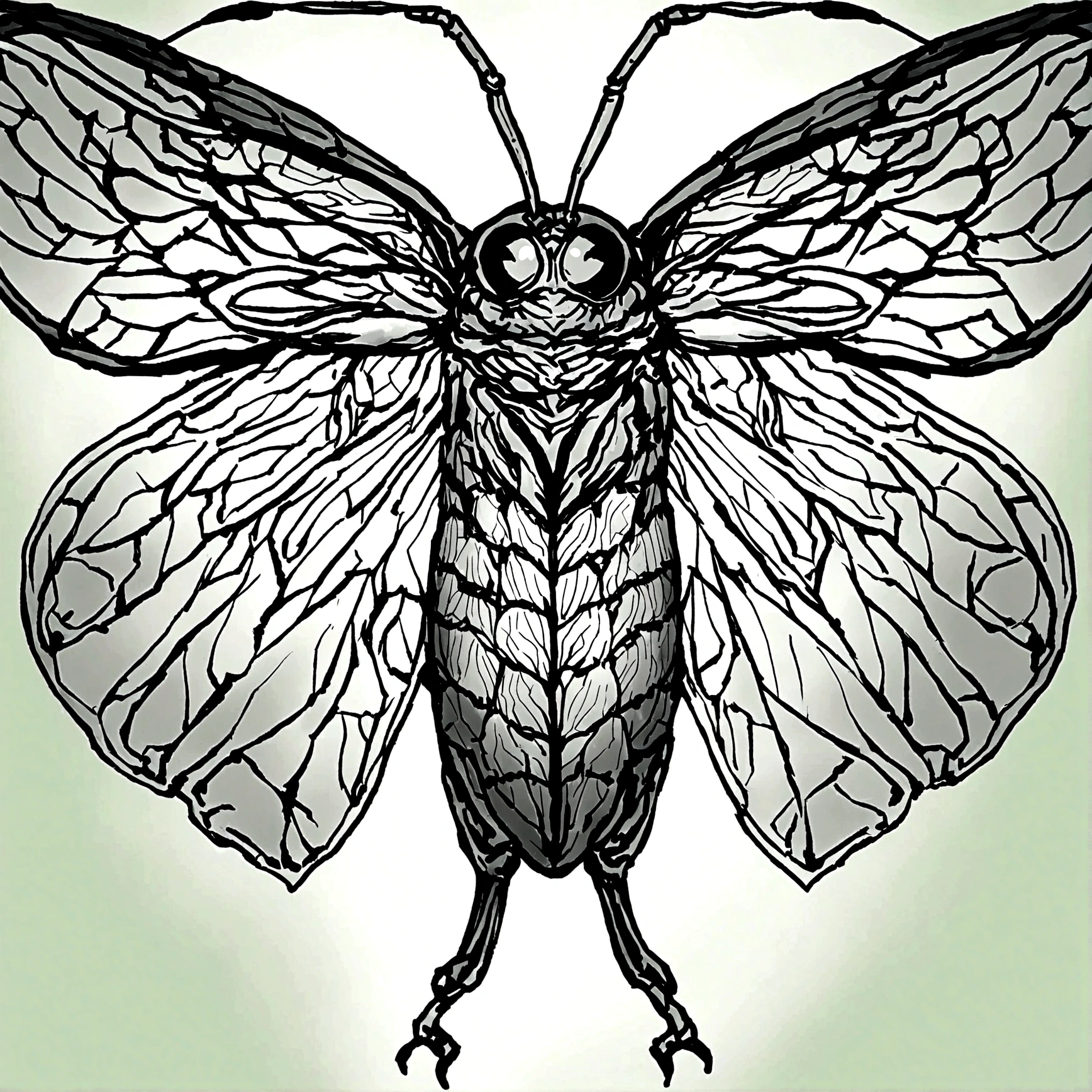 Black and white line drawing of a cicada. The insect is depicted with its wings spread wide, showcasing intricate details of the wing veins and body segments. The cicada's head, thorax, and abdomen are clearly defined, with the head featuring prominent eyes and antennae. The wings are symmetrical and extend outward from the body, with the forewings being larger than the hindwings. The overall style is minimalist and precise, focusing on the anatomical accuracy of the cicada.