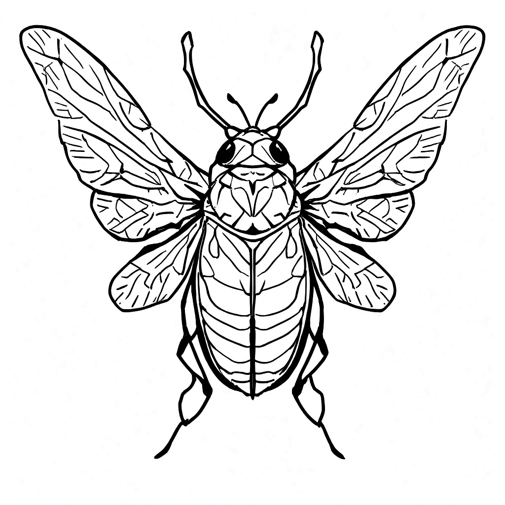 Black and white line drawing of a cicada. The insect is depicted with its wings spread wide, showcasing intricate details of the wing veins and body segments. The cicada's head, thorax, and abdomen are clearly defined, with the head featuring prominent eyes and antennae. The wings are symmetrical and extend outward from the body, with the forewings being larger than the hindwings. The overall style is minimalist and precise, focusing on the anatomical accuracy of the cicada.