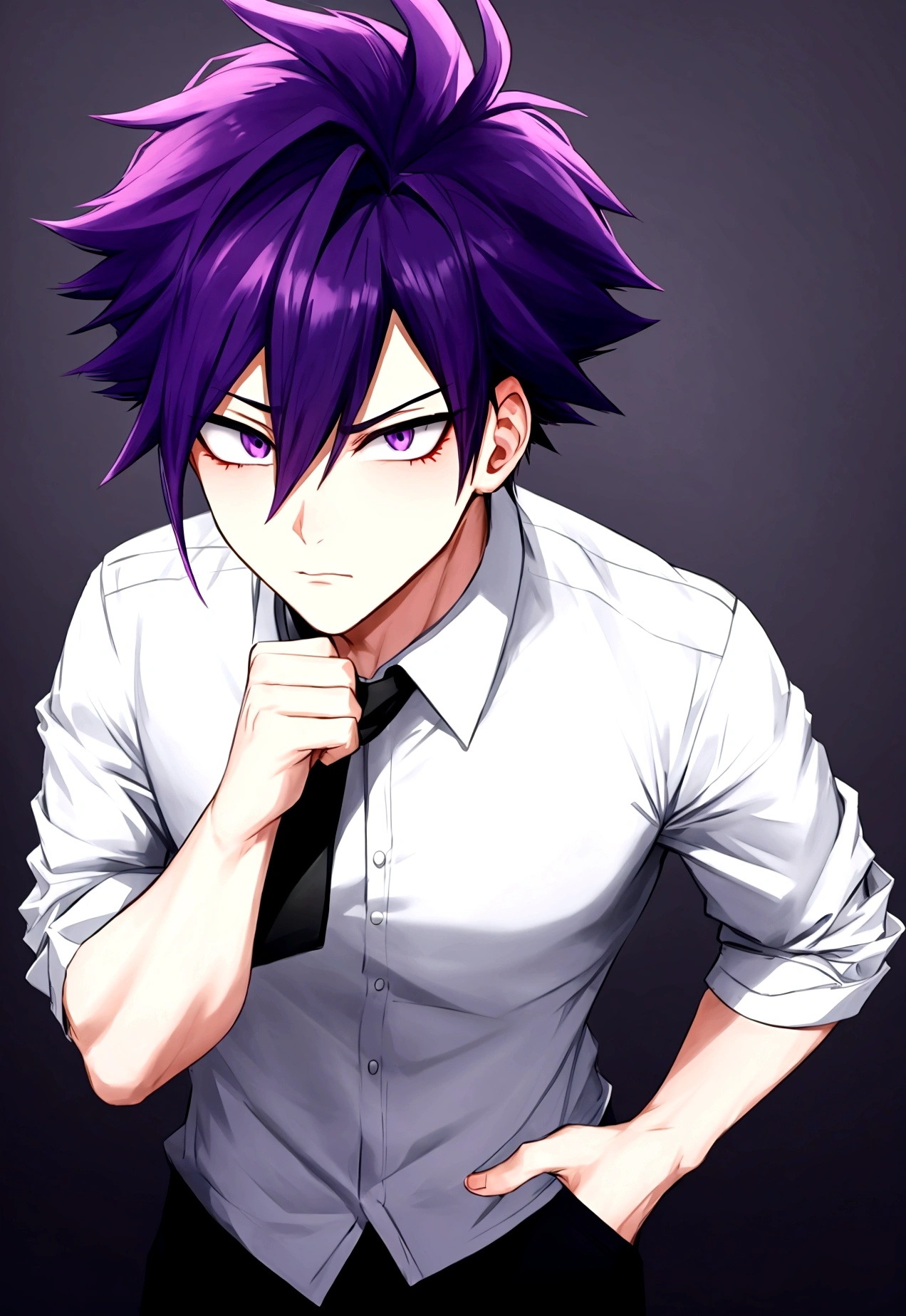 Male character in the style of the anime my Hero Academia with purple hair, pale complexion and gray eyes