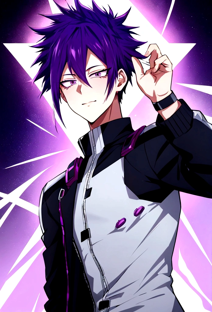 Male character in the style of the anime my Hero Academia with purple hair, pale complexion and gray eyes