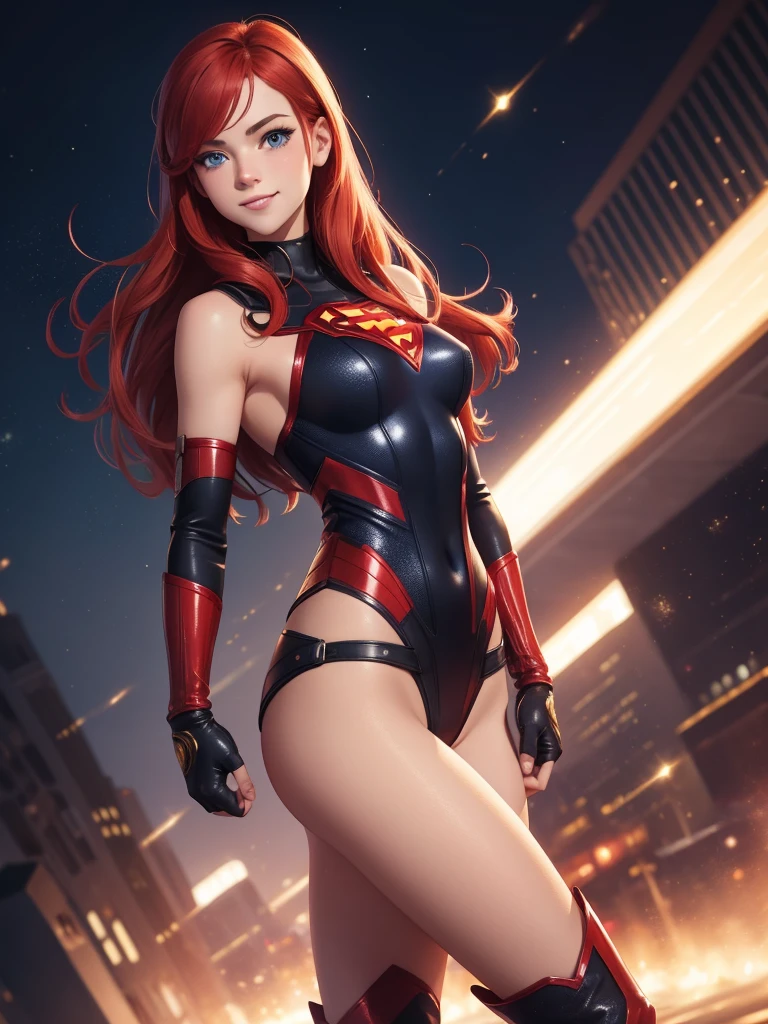 (best quality, masterpiece), 1girl, solo, glitter, leotard, bare legs, particle, superhero, boots, gloves, clenched fists, standing, hands on hip, smile, city backdrop, beautiful detailed eyes, american, age 22, redhead