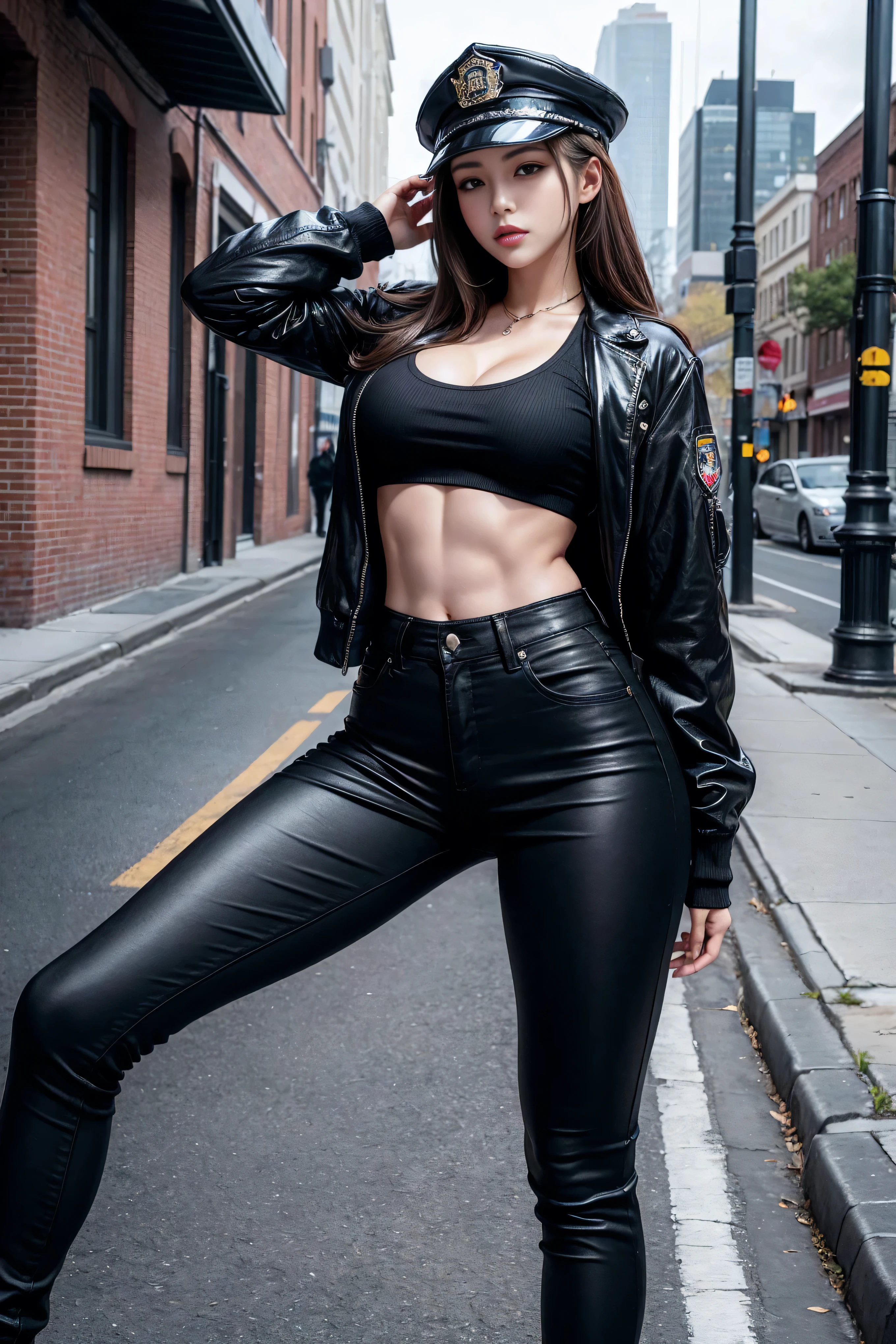 Physically Based Rendering, (1个female孩:1), female, (beautiful:1.2), street, Sexy muscular body, Slim waist, (Big Shot:1.Keep, Tight black pants, Dressed in America，Wearing a police hat，