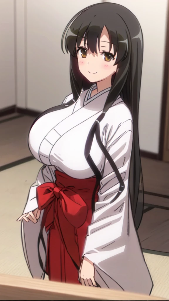 Girl in Priestess Uniform, kasumi iwato ,Outfit with open chest, Shoulder-exposing sleeves, Short hakama, Kasumi Iwato, smile, looking at viewer, (Huge Breasts:1.4), Inside Japan house, Close-up from the waist up,