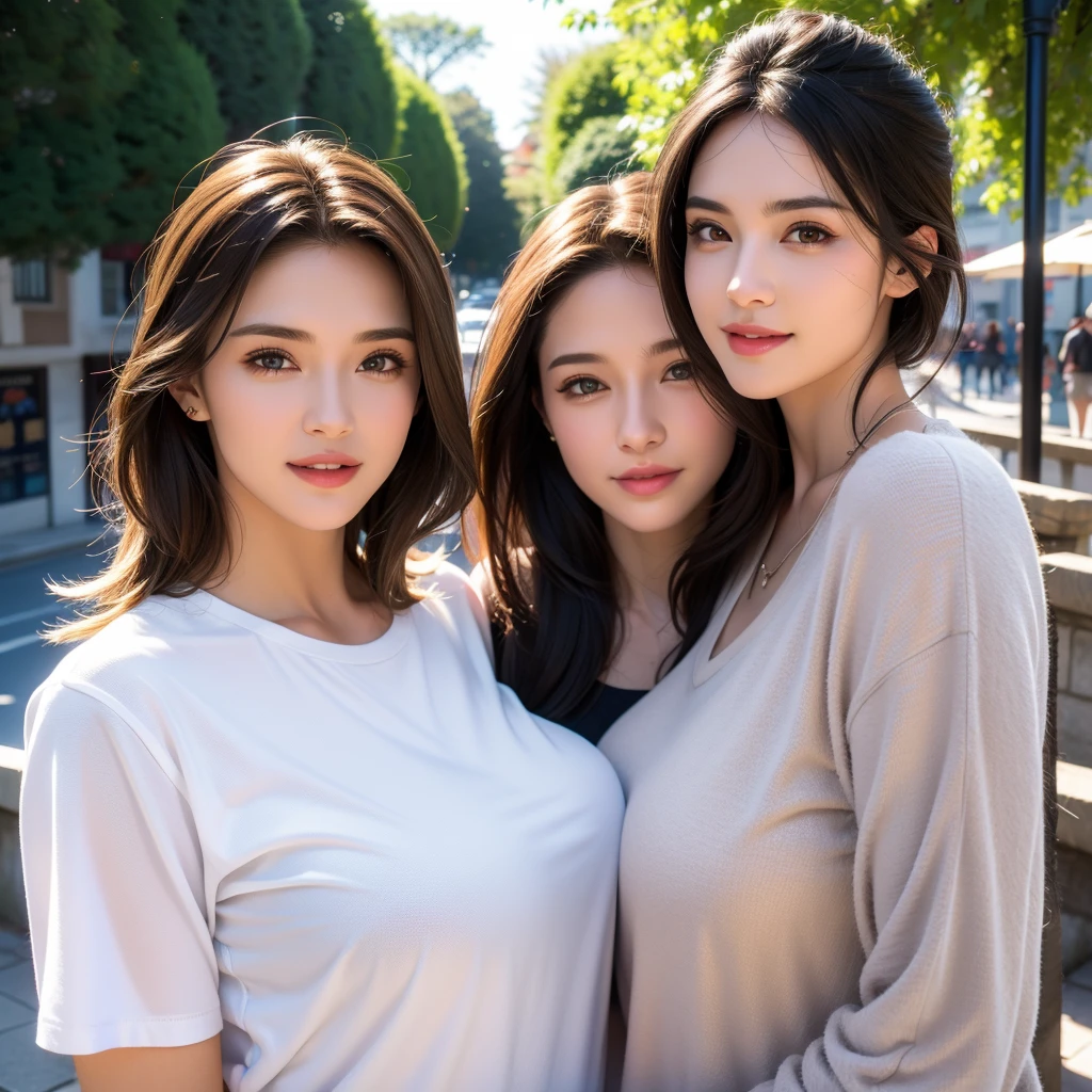 beautiful young woman, two girls, twins, casual outfit, t-shirt, jacket, outdoor date setting, lover, couple, detailed face, alluring eyes, full lips, large bust, soft lighting, warm colors, photorealistic, 8k, cinematic, beautiful detailed eyes, beautiful detailed lips, extremely detailed face and eyes, long eyelashes, intricate clothing textures, elegant posing, warm smile, romantic atmosphere