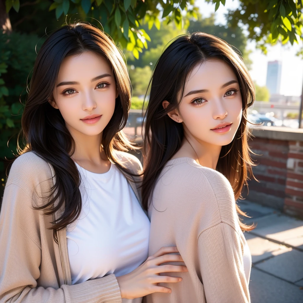 beautiful young woman, two girls, twins, casual outfit, t-shirt, jacket, outdoor date setting, lover, couple, detailed face, alluring eyes, full lips, large bust, soft lighting, warm colors, photorealistic, 8k, cinematic, beautiful detailed eyes, beautiful detailed lips, extremely detailed face and eyes, long eyelashes, intricate clothing textures, elegant posing, warm smile, romantic atmosphere