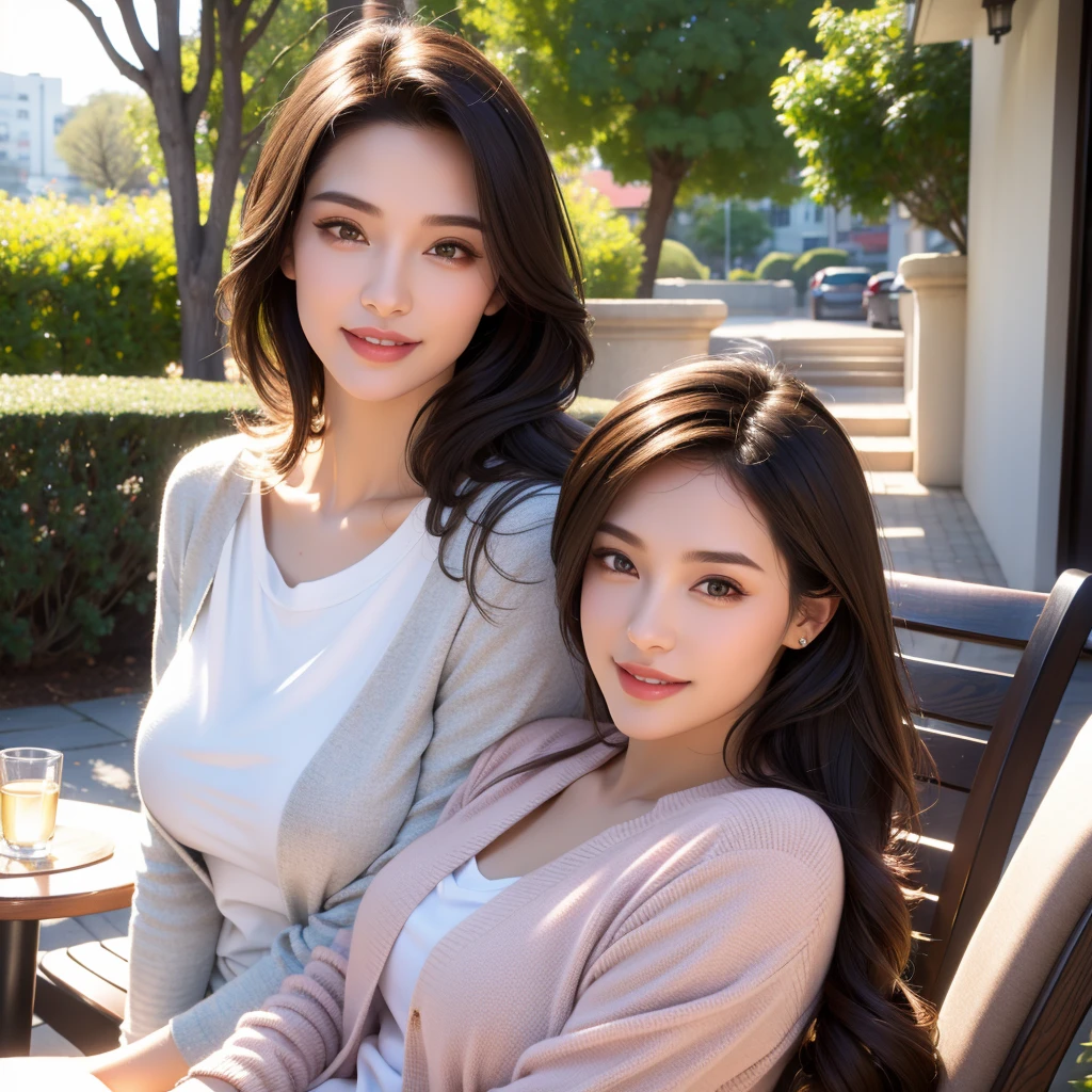 beautiful young woman, two girls, twins, casual outfit, t-shirt, jacket, outdoor date setting, lover, couple, detailed face, alluring eyes, full lips, large bust, soft lighting, warm colors, photorealistic, 8k, cinematic, beautiful detailed eyes, beautiful detailed lips, extremely detailed face and eyes, long eyelashes, intricate clothing textures, elegant posing, warm smile, romantic atmosphere
