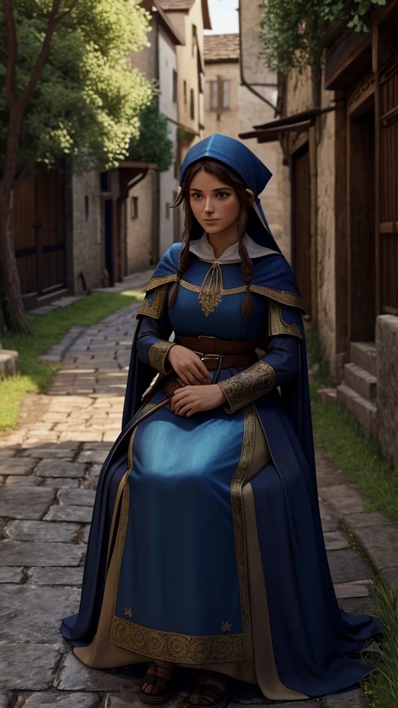 A elfo girl, resting in a street, under a tree, in a medieval street, she is peacefully, she is totally fine, pergect face, medieval drees, medieval scene , mysticism, high quality, HDR, 4k resolution, 3d modeling, realism, high texture and detailed. photo, illustration, 3d render, poster, cinematic, fashion