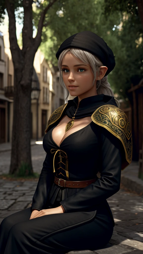 A elfo girl, resting in a street, under a tree, in a medieval street, she is peacefully, she is totally fine, pergect face, medieval drees, medieval scene , mysticism, high quality, HDR, 4k resolution, 3d modeling, realism, high texture and detailed. photo, illustration, 3d render, poster, cinematic, fashion