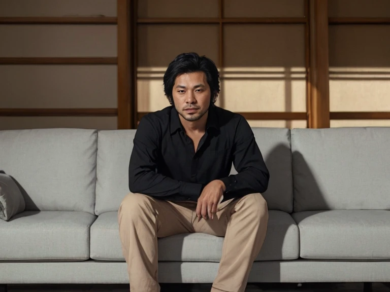 shot by Sony a7 IV Mirrorless Camera, natural light, analog film photo, Kodachrome , handsome Ryuuji Suguro black hair ,Long sleeve shirt and loose pants .sofa ,school living room