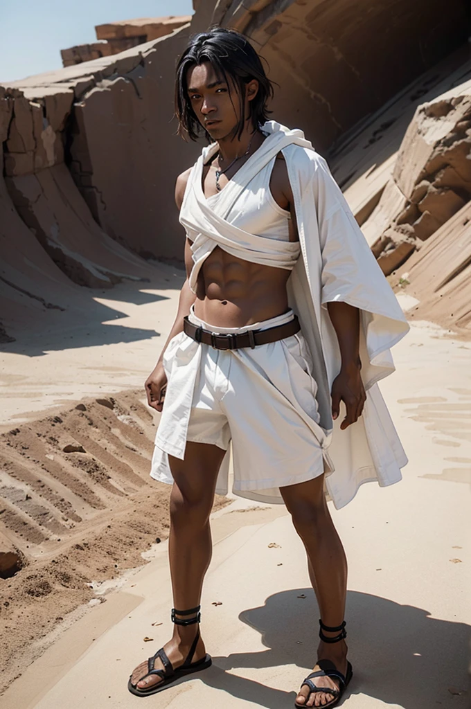young man, not so high,Little Muscle, slightly dark skin, Desert scenery, light outfits, fighter, combat pose, wearing spartan sandals, white clothes, clothes covering the body, naughty man