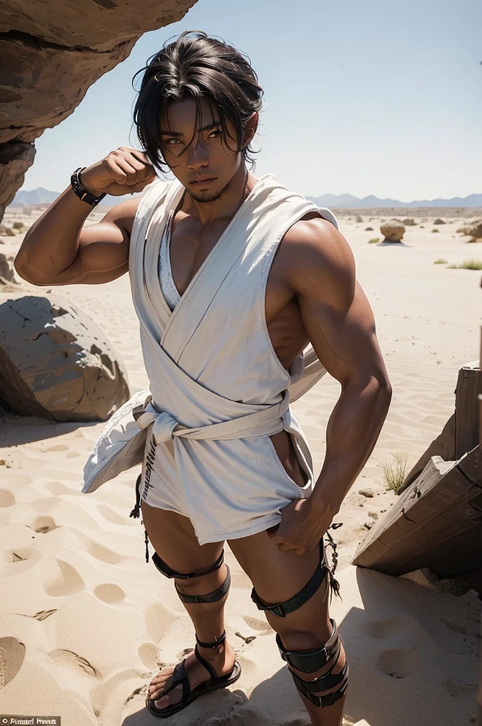 young man, not so high,Little Muscle, slightly dark skin, Desert scenery, light outfits, fighter, combat pose, wearing spartan sandals, white clothes, clothes covering the body, naughty man