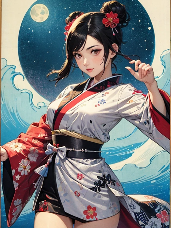 (masterpiece, Highest quality,High resolution, Official Art), (One girl), Bright and vivid color patterns in Japanese clothing、Black hair in a Japanese round topknot,Traditional Japanese patterned fabric, (Dynamic movements),(Shiny skin),  ( Ukiyo-e background,moon,flower,cloud )