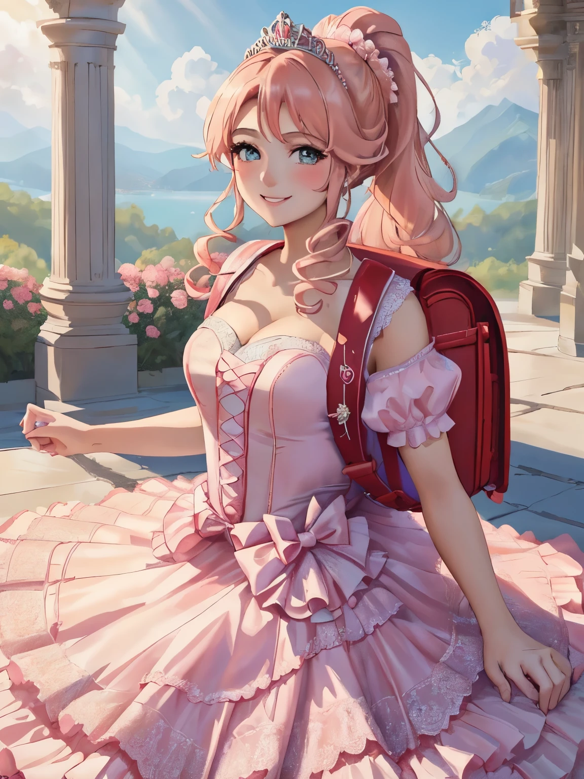 Masterpiece, hd, beautiful girl, smiling, regal, (pink princess dress),, vivid, (bows), Tiara, blonde hair, ponytail, wearing randoseru backpack, (school backpack:1.1)