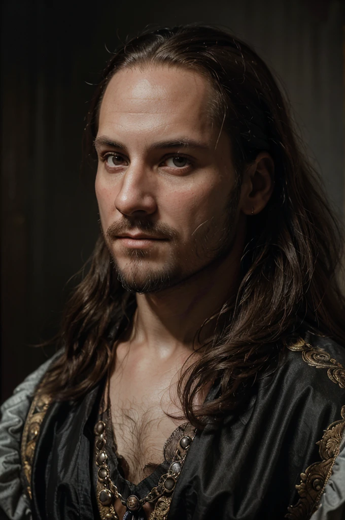 A portrait of William Shakespeare, detailed face with expressive eyes, beautiful flowing hair, wearing Renaissance-era doublet and ruff, dramatic lighting, ornate baroque frame, oil painting, highly detailed, photorealistic, 8k, cinematic, dramatic, chiaroscuro, muted colors, moody atmosphere