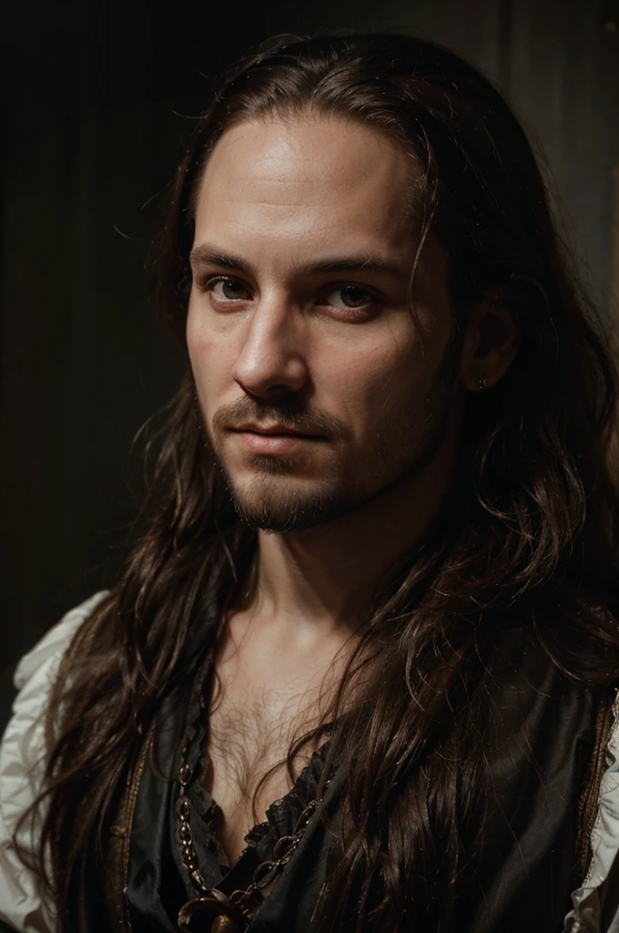 A portrait of William Shakespeare, detailed face with expressive eyes, beautiful flowing hair, wearing Renaissance-era doublet and ruff, dramatic lighting, ornate baroque frame, oil painting, highly detailed, photorealistic, 8k, cinematic, dramatic, chiaroscuro, muted colors, moody atmosphere