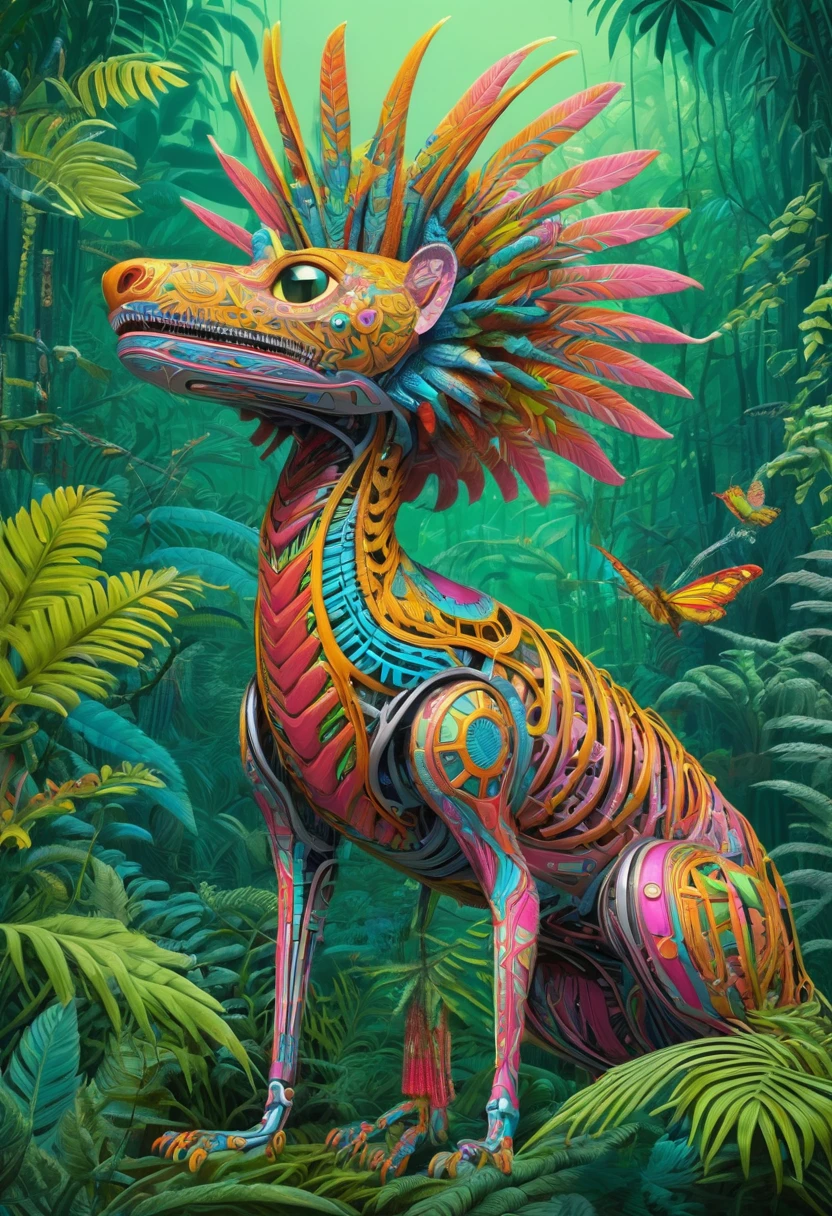 The future of genetic engineering will incorporate organisms into its artworks, Covered by Fauna, Flora. Alebrije, masterpiece, Ultra HD, Axonometric drawing, jungle. Cyberpunk