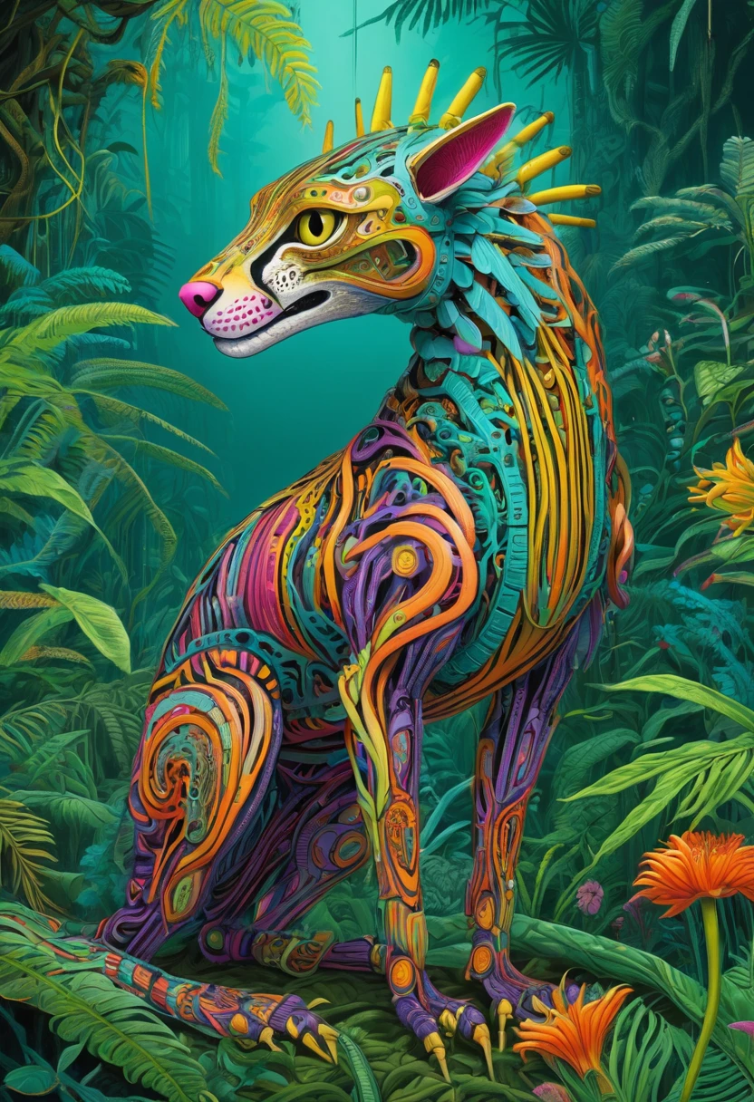 The future of genetic engineering will incorporate organisms into its artworks, Covered by Fauna, Flora. Alebrije, masterpiece, Ultra HD, Axonometric drawing, jungle. Cyberpunk