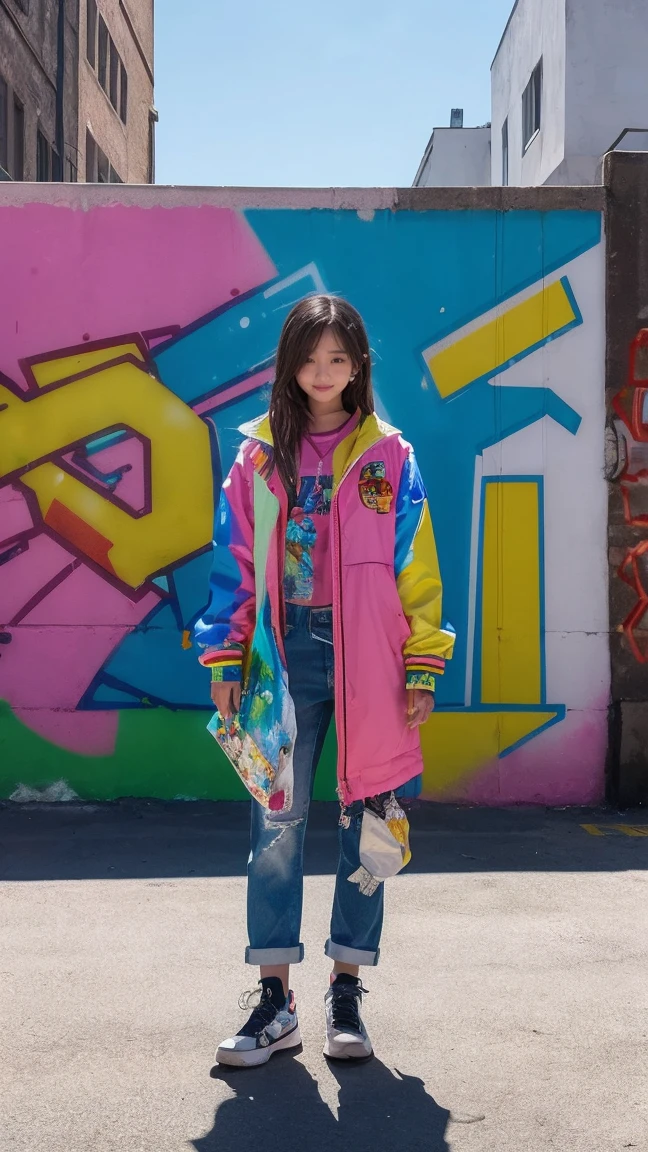 (Highest quality), masterpiece, 极其细致的CG8K插Painting, High collar, Extremely High collar saturation, All colors become darker, Painting, Graffiti art, center composition, Highly detailed lights and shadows, Graffiti wall, the walls are painted in bright colors, A girl&#39;s graffiti A girl is staring at the wall, The face and eyes are very detailed, Medium length hair, Sportswear, Multicolored clouds