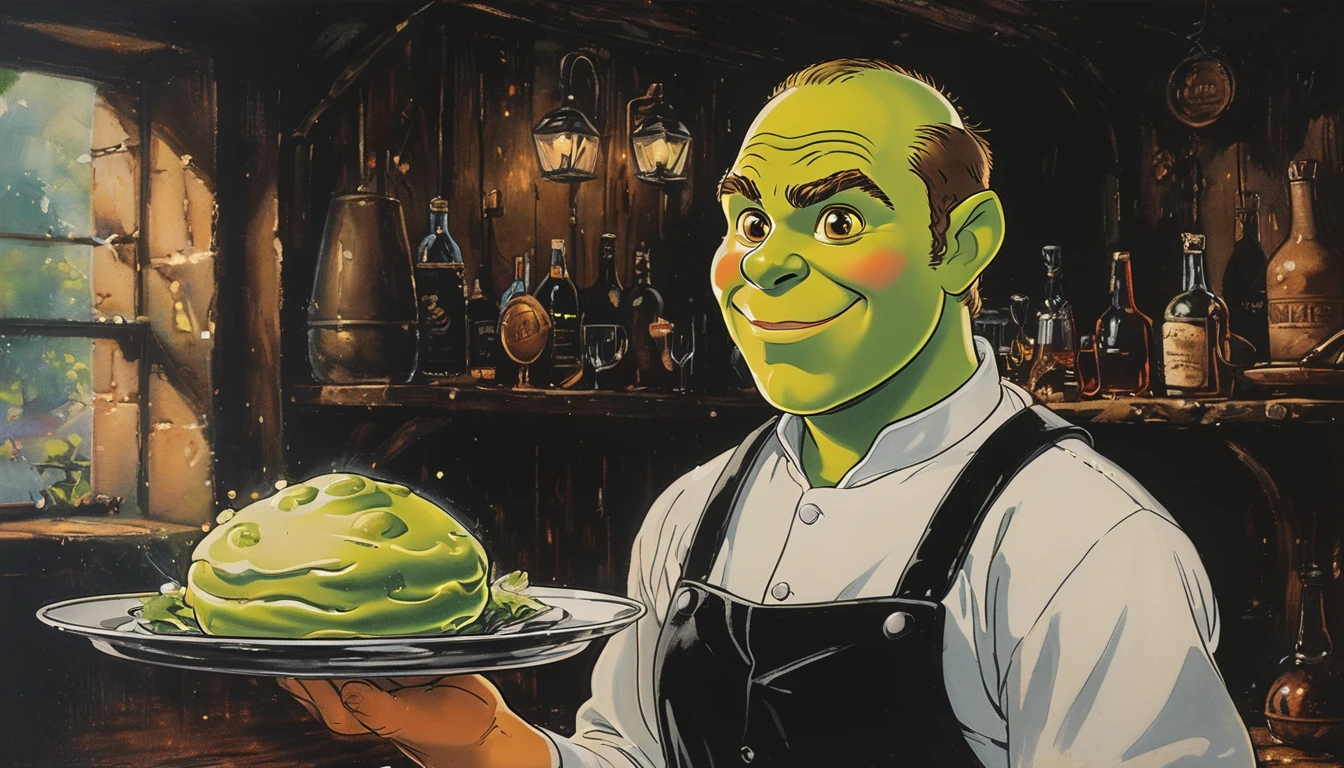 Stunning painting of Shrek waiter with a plate in his hand, very detailed.,   8k,   sharp,  professional, Clear,   High contrast, high saturated, , intense and deep blacks, crystal Clear