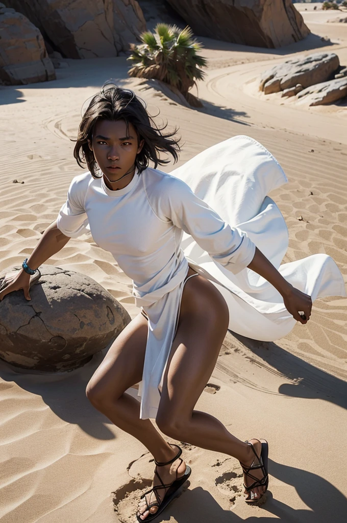 young man, not so high,Little Muscle, slightly dark skin, Desert scenery, light outfits, fighter, combat pose, wearing spartan sandals, white clothes, clothes covering the body, naughty man