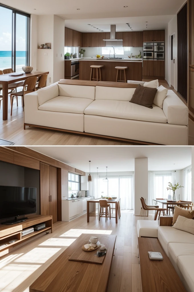 create a living room with an integrated kitchen that is 4.6m wide and 6m long. The kitchen, which is part of this area, is 1.75m long and 4.6m wide. the integrated kitchen has an island that will have a cooktop and serve as a table. In the room there must be a sofa in front of the television, so that it is possible to welcome guests. a sideboard table with stools behind the sofa. decoration using quartzite on the island, lighting, and a clean environment. the sofa should be facing the island. In this room there is a spiral staircase measuring 1.40 m in diameter that gives access to the lower floor.