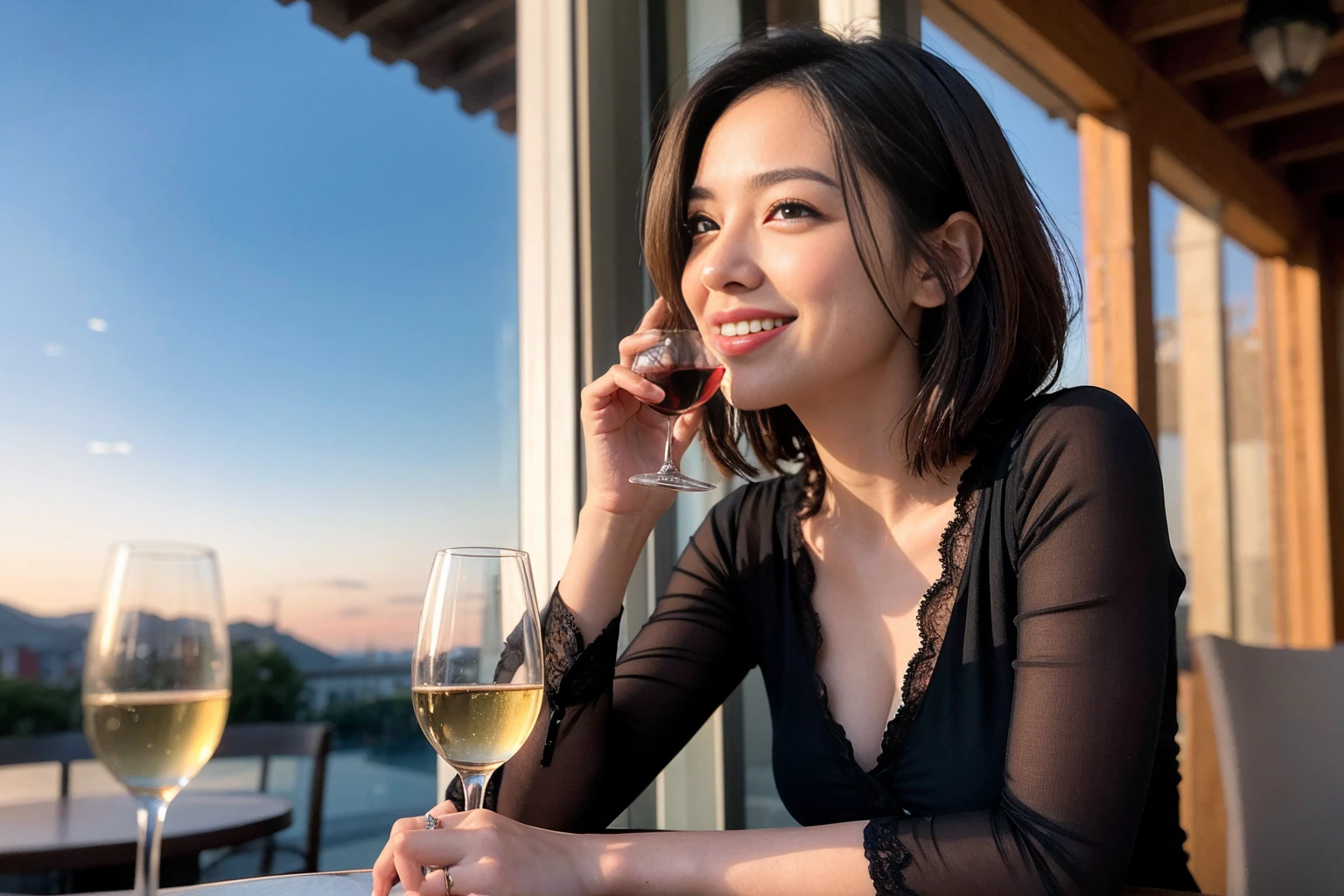 ((Highest quality、8K、masterpiece:1.3))、slimカップル、modelカップル、(Realistic, Intricate details:1.2), full-course dinner、Wine Party、Amazing view of the sunset sky and clouds、A bright smile、The wonderfulness of smile、Bright image、The beauty of wine, Beautiful Face, blue eyes, The light shines on your face, Blushing, short hair,Bright Face、 (Age 41), 39 years old, red wine 、Appetizers、Italian food、Wine bottle、Champagne、sparkling wine、Two beauties、Brown Hair、Shortcuts、Long sleeve shirt、dress、Beautiful woman 1, (slimな顔), (The body is slim), (Brown Hair), (Shortcuts), cheeks turn a little red,Attractive beauty、restaurant, In a prominent place (From the waist up) Nova Frog Style, actress, model, Upper Body, White wine, slim, wine glass, 中央に置かれたwine glass, smile, (smile: 1.15), Beautiful fine grain, Depth f/2,saturation, High Contrast, Strong light and shadow,Moist Body:1.5、3D texture、Delicate eyes、Brown Hair、The hair is very shiny、