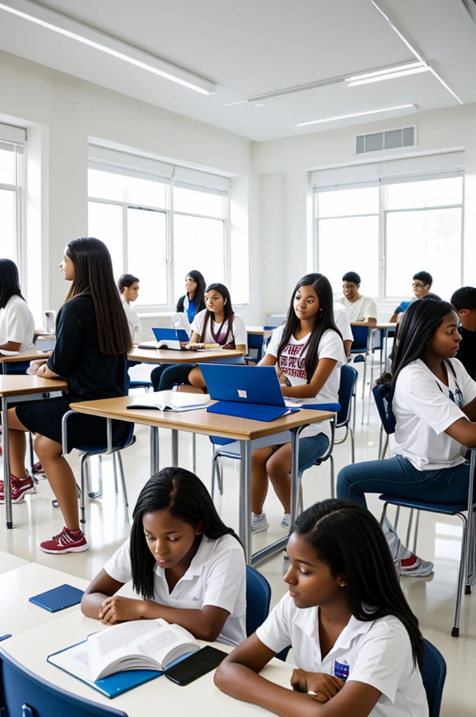 College students paying attention in a white room