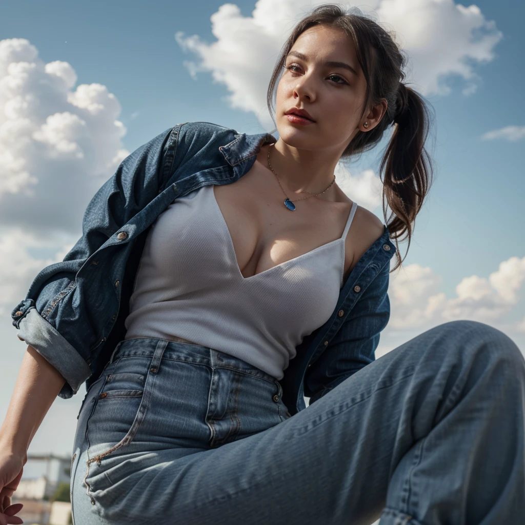 only 1 russian young girl (best quality, 4k, 8k, highres, masterpiece:1.2), ultra-detailed, (realistic, photorealistic, photo-realistic:1.37), portrait, wearing casual cleavage, small chain on neck, black hair, hair band in ponytail, vivid colors, soft lighting, sky and clouds, subtle bokeh, warm color tones, rich girl, red lipstick, earing, round neck style dress, wearing jeans pant, wearing a ring in hand, (low angle, worms eye view)