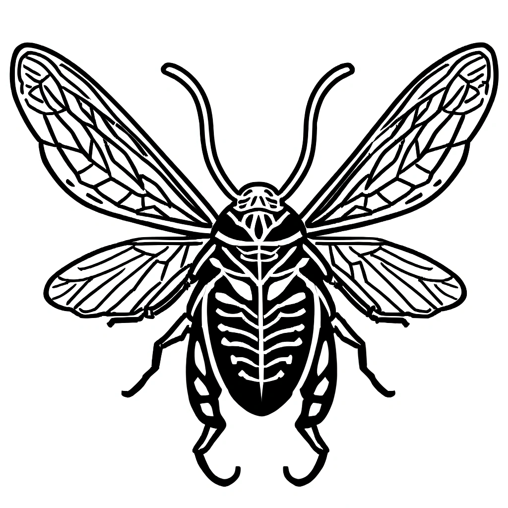 Black and white line drawing of a cicada. The insect is depicted with its wings spread wide, showcasing intricate details of the wing veins and body segments. The cicada's head, thorax, and abdomen are clearly defined, with the head featuring prominent eyes and antennae. The wings are symmetrical and extend outward from the body, with the forewings being larger than the hindwings. The overall style is minimalist and precise, focusing on the anatomical accuracy of the cicada.