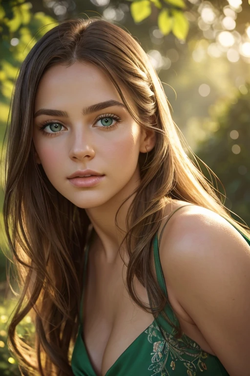 a photorealistic detailed portrait of a beautiful young woman with long flowing hair, deep piercing green eyes, delicate facial features, wearing an elegant green dress, set in a lush outdoor garden with blooming flowers, warm sunlight, and a dreamy, ethereal atmosphere, (best quality,8k,highres,masterpiece:1.2),ultra-detailed,(realistic,photorealistic,photo-realistic:1.37),incredibly detailed face and eyes, intricate floral patterns, natural lighting, dramatic depth of field, vibrant colors, romantic, cinematic