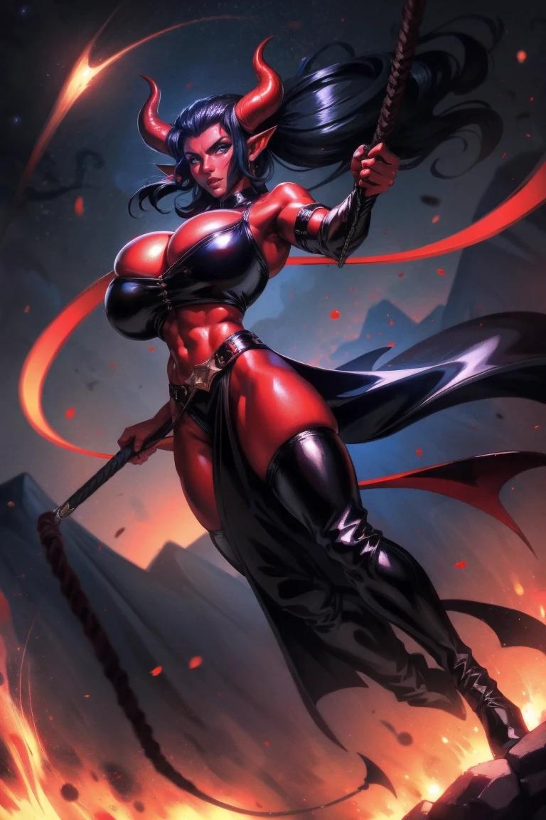 Red skin succubus tiefling, large breasts, black horns, wings, huge tail, black leather, crop top, long flowing pelvic curtain, tall, toned, graceful, thin, long black ponytail. Action scene, whip. Dark scene, explosions, night sky.