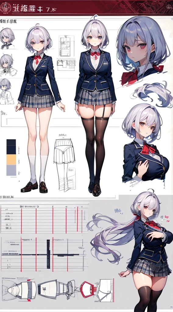 girl, alone, whole body, From head to toe, Are standing, (Huge_chest:1.3),

Character design sheet, Character Reference Sheet, 設計図のSchematic, Drafting, Blueprint, Schematic,
((Character design sheet:1.7, Character Reference Sheet:1.7,)),

anime/cartoon character wearing a girls , 1girl, alone, Thigh-high socks, blazer burezaa (blazer), Ahoge, Long Hair, bow, , shoes, loafers, ribbon, (Very short skirt:1.4), (panties:1.5),, (Good:1.5),In underwear:1.5,nsfw