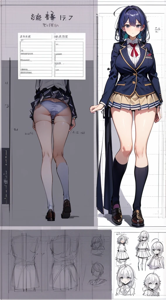 girl, alone, whole body, From head to toe, Are standing, (Huge_chest:1.3),

Character design sheet, Character Reference Sheet, 設計図のSchematic, Drafting, Blueprint, Schematic,
((Character design sheet:1.7, Character Reference Sheet:1.7,)),

anime/cartoon character wearing a girls , 1girl, alone, Thigh-high socks, blazer burezaa (blazer), Ahoge, Long Hair, bow, , shoes, loafers, ribbon, (Very short skirt:1.4), (panties:1.5),, (Good:1.5),In underwear:1.5,nsfw