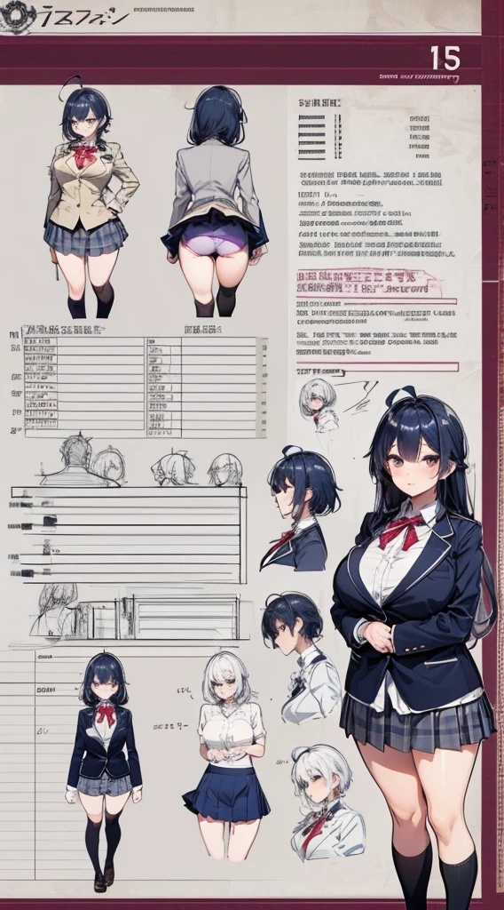 girl, alone, whole body, From head to toe, Are standing, (Huge_chest:1.3),

Character design sheet, Character Reference Sheet, 設計図のSchematic, Drafting, Blueprint, Schematic,
((Character design sheet:1.7, Character Reference Sheet:1.7,)),

anime/cartoon character wearing a girls , 1girl, alone, Thigh-high socks, blazer burezaa (blazer), Ahoge, Long Hair, bow, , shoes, loafers, ribbon, (Very short skirt:1.4), (panties:1.5),, (Good:1.5),In underwear:1.5,nsfw