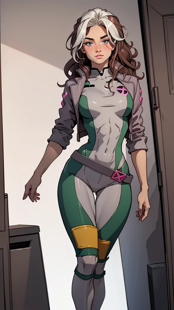 supermodel physique, perfect body, perfect clear skin, ultrarealistic, hyperrealism, photorealistic, ultra quality, masterpiece, high quality, beautiful, sexy face, pretty, slightly toned, fit, supermodel build, 3/4 body view, sexy waist, sexy hips, perfect legs, thigh gap, rogue, 1girl, solo, blush, wavy hair, multi colored hair, pink and grey top, pink and grey bottom, dynamic angle, high quality eyes, beautiful eyes